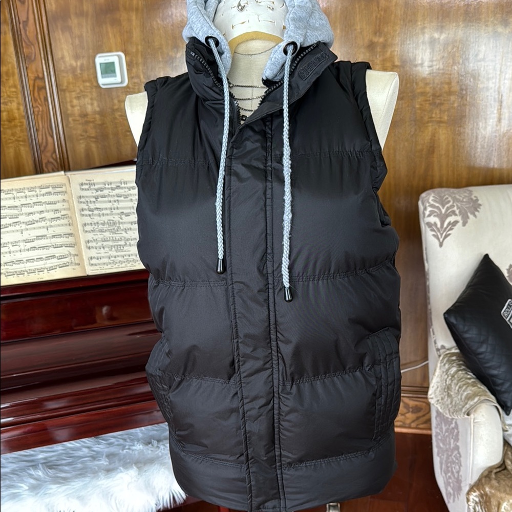 Black Puffer Vest with Gray Hood